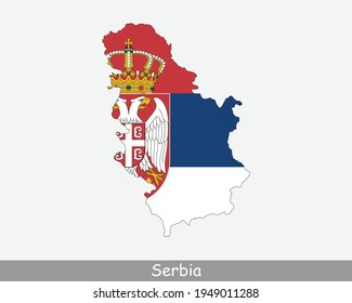 Serbia Flag Map. Map of the Republic of Serbia with the Serbian national flag isolated on a white background. Vector Illustration.