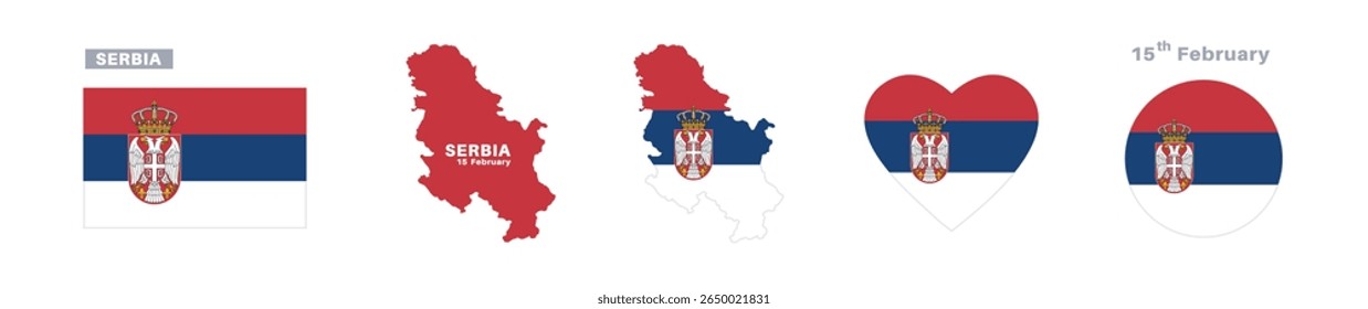 serbia flag and map set. serbia flag in official colors and proportions. independence day 15 february , map, circle and heart shaped serbia