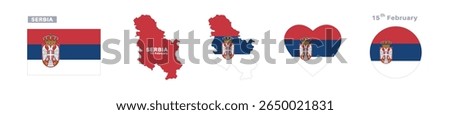 serbia flag and map set. serbia flag in official colors and proportions. independence day 15 february , map, circle and heart shaped serbia