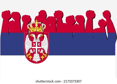Bandera de Serbia con las manos levantadas de la protesta vector, logo de la bandera del país, Serbia protestando por concepto, diseño plano, contra idea