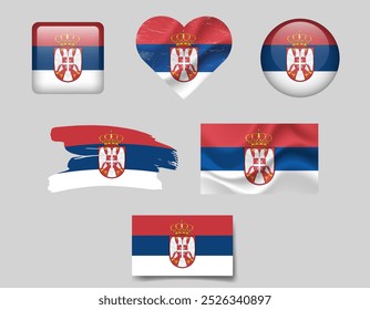 Serbia flag set of icons. Vector flag of Serbia, symbol. Set of serbian flags button, waved, brush, heart.