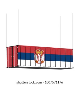 Símbolo de la bandera de Serbia en los contenedores de carga cuelgan por cadena, el concepto de negocio de importación y exportación del país.