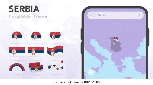 Serbien Flaggen gesetzt. Mobile Map-Anwendung, Smartphone-Suche. Karte und Hauptstadt. Flaggen von Weltbändern. Vektorset. Sammlung nationaler Symbole. Blasen-Sprache, Kreis, Herz, Regenbogen-Symbole.