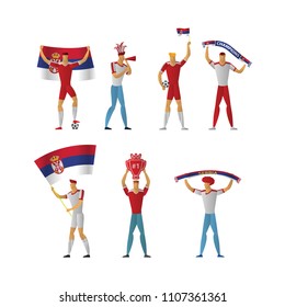 Serbia football fans. Cheerful soccer supporters crowd. vector illustration.