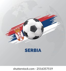 Serbia Football with Serbia Flag and World Map behind them. isolated on white background