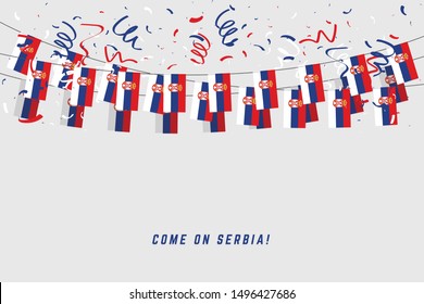 Serbia garland flag with confetti on white background, Hang bunting for Serbia celebration template banner.