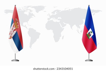Serbia and Haiti flags for official meeting against background of world map.