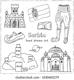 Serbia hand drawn doodle set. Sketches. Vector illustration for design and packages product. Symbol collection.