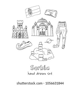 Serbia hand drawn doodle set. Sketches. Vector illustration for design and packages product. Symbol collection.