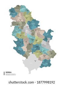 Serbia higt detailed map with subdivisions. Administrative map of Serbia with districts and cities name, colored by states and administrative districts. Vector illustration.
