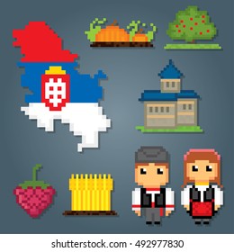 Serbia icons set. Pixel art. Old school computer graphic style. Games elements.