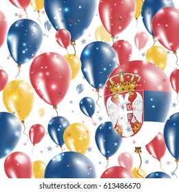 Serbia Independence Day Seamless Pattern. Flying Rubber Balloons in Colors of the Serbian Flag. Happy Serbia Day Patriotic Card with Balloons, Stars and Sparkles.