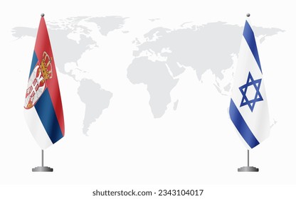 Serbia and Israel flags for official meeting against background of world map.