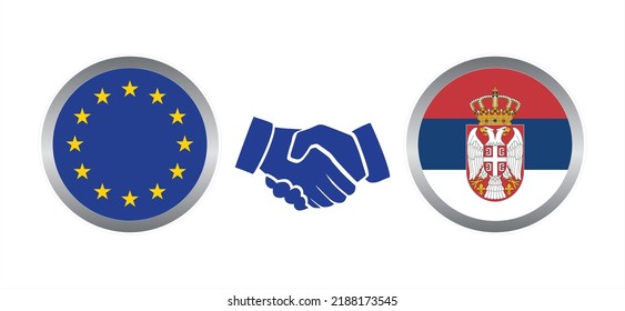 Serbia joins the European Union. EU flag and Serbian flag handshake. Round badges of Serbia and the European Union. Vector template illustration.
