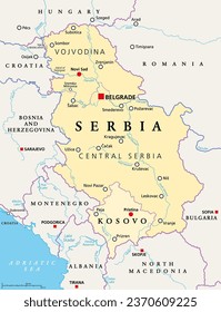 Serbia and Kosovo, landlocked countries in Southeast Europe, political map. The Republic of Serbia, with capital Belgrade, and Republic of Kosovo, partially recognized country, with capital Pristina.