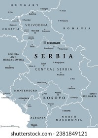 Serbia and Kosovo, landlocked countries in Southeast Europe, gray political map. Republic of Serbia, with capital Belgrade, and Republic of Kosovo, partially recognized country, with capital Pristina.