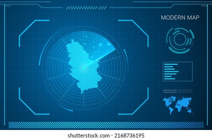 Serbia map of blue digital frame technology radar vector HUD, GUI, UI interface.