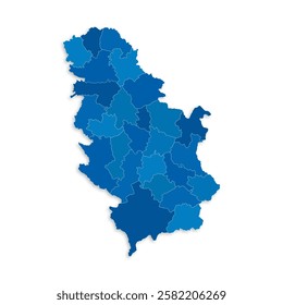 Serbia map with border highlighted regions, states, isolated on white background. Template map of Serbia. Detailed vector illustration.