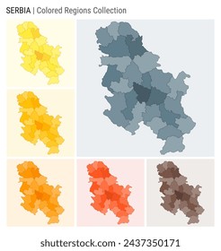 Serbia map collection. Country shape with colored regions. Blue, Grey, Yellow, Amber, Orange, Deep Orange, Brown color palettes. Border of Serbia with provinces for your infographic.