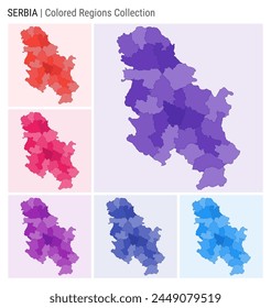 Serbia map collection. Country shape with colored regions. Deep Purple, Red, Pink, Purple, Indigo, Blue color palettes. Border of Serbia with provinces for your infographic. Vector illustration.