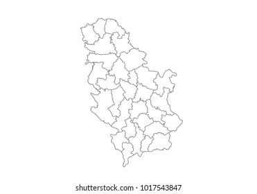 Serbia map with country borders, thin black outline on white background. High detailed vector map with counties/regions/states - Serbia. contour, shape, outline, on white.