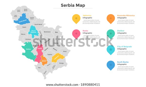 Serbia map divided into federal states. Territory\
of country with regional borders. Serbian administrative division.\
Infographic design template. Vector illustration for touristic\
guide, banner.