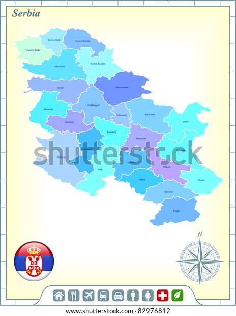 Serbia Map with Flag Buttons and\
Assistance & Activates Icons Original\
Illustration