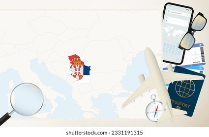 Serbia map and flag, cargo plane on the detailed map of Serbia with flag, passport, magnifying glass and airplane. Vector template.