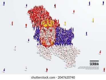Serbia Map and Flag. A large group of people in the Serbia flag color form to create the map. Vector Illustration.