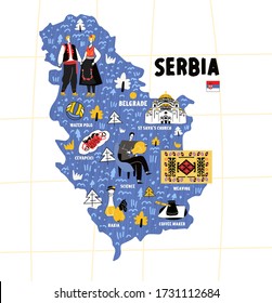 Serbia map flat hand drawn vector illustration flag. Names lettering and cartoon landmarks, tourist attractions cliparts. Belgrade travel, trip comic infographic poster, banner concept design
