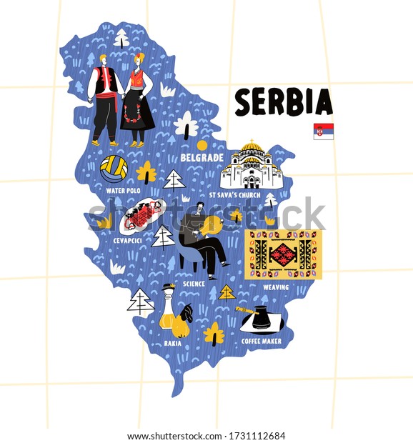 Serbia map flat hand drawn vector illustration\
flag. Names lettering and cartoon landmarks, tourist attractions\
cliparts. Belgrade travel, trip comic infographic poster, banner\
concept design\

