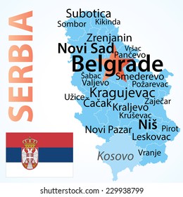 Serbia - map with largest cities, carefully scaled text by city population. 