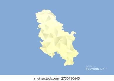 Mapa de Serbia en estilo de Vector de polígono bajo, ilustración de forma geométrica con tonos amarillos suaves sobre fondo azul, silueta limpia para infografía.
