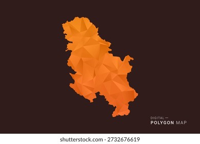 Mapa de Serbia - Vector de bajo polígono polivinílico, silueta triangulada geométrica en tonos naranja y marrón oscuro, estilo infográfico moderno limpio, fondo aislado.