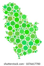 Serbia Map mosaic of randomized dots in variable sizes and green color tints. Vector small spheres are grouped into serbia map collage. Eco cartography map design concept.