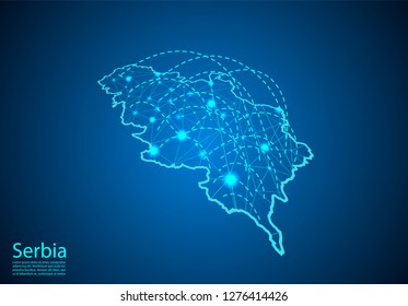Serbia map with nodes linked by lines. concept of global communication and business. Dark Serbia map created from white dots with travel locations or internet connection.