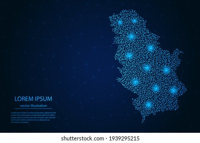 Serbia map from point blue and glowing stars on a dark background. Vector eps 10.