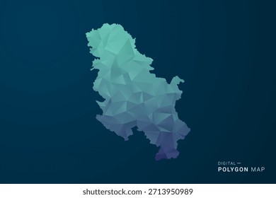 Mapa da Sérvia - Ilustração de vetor estilo polígono com Gradiente azul-escuro, baixo design geométrico poly, digital e tecnologia inspirada, Silhueta limpa no fundo escuro.