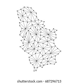 Serbia map of polygonal mosaic lines network, rays and dots vector illustration.