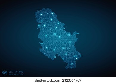 Serbia map radial dotted pattern in futuristic style, design blue circle glowing outline made of stars. concept of communication on dark blue background. Vector EPS10