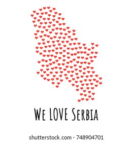 Serbia Map with red hearts- symbol of love. abstract background with text We Love Serbia. vector illustration. Print for t-shirt
