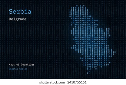Mapa serbio mostrado en el patrón de código binario. TSMC. Números de Blue Green Matrix, cero, uno. Mapas de vectores de países mundiales. Serie digital