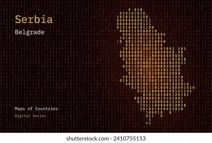 Serbia Map Shown in Binary Code Pattern. TSMC. Gold Matrix numbers, zero, one. World Countries Vector Maps. Digital Series