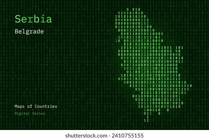 Serbia Map Shown in Binary Code Pattern. TSMC. Green Matrix numbers, zero, one. World Countries Vector Maps. Digital Series