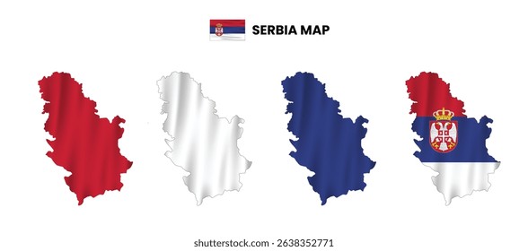 Serbia map in various style frames, icons, black color, borders, flag colors. Vector illustration