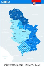 Serbia Map Vector Blue Spot - Customizable layered political map of Serbia with administrative divisions for website, education, reports, news, politics, print, poster and wallpaper