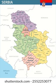 Serbia Map Vector New 2024 Colorful - Customizable layered political map of Serbia with administrative divisions for website, education, reports, news, politics, print, poster and wallpaper