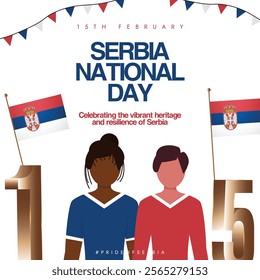 Serbia National Day. 15th February Serbia day celebration banner with its flags, people wearing flag colours shirt. The day includes educational events, fairs, folk festivals, and public dinners.