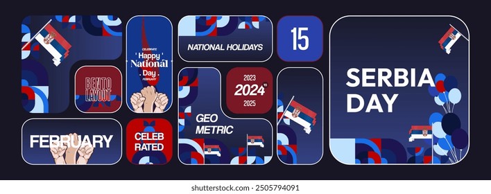 Serbia National Day Banner in creative geometric style. Wide banner suitable for independence greeting card and more event backgrounds with Serbian flag. 15th February. Happy Statehood Day of Serbia