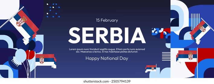 Serbia National Day Banner in creative geometric style. Wide banner suitable for independence greeting card and more event backgrounds with Serbian flag. 15th February. Happy Statehood Day of Serbia